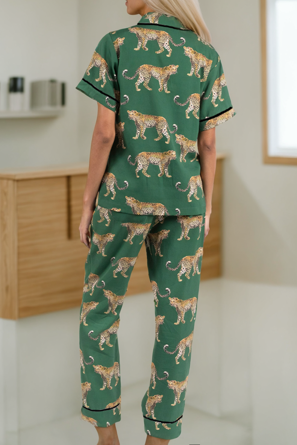 Green Cheetah Print Short Sleeve Shirt and Pants Pajama Set